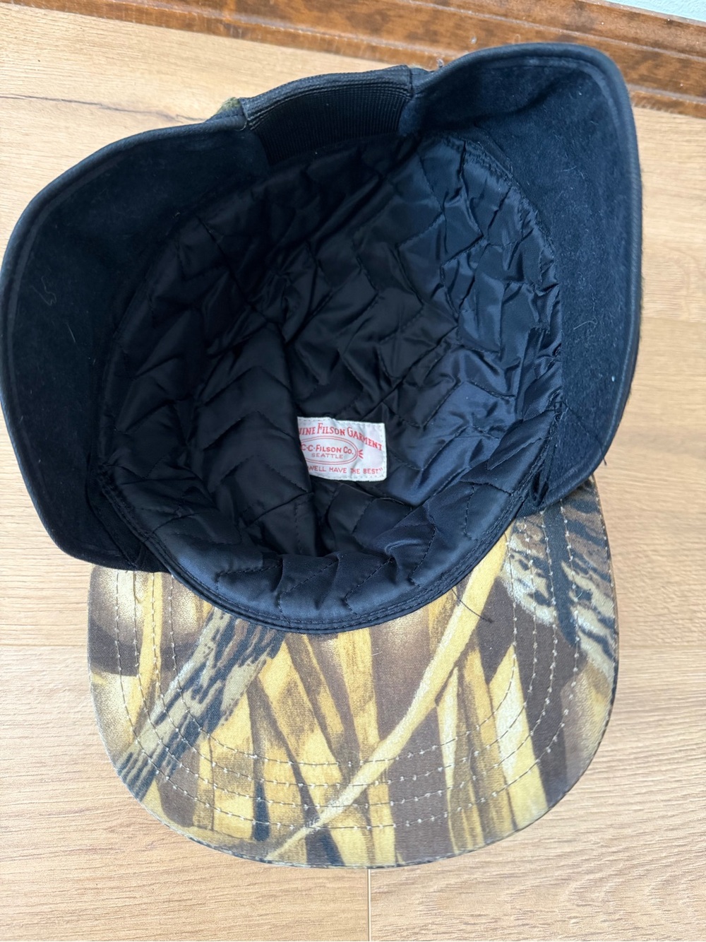 Vintage Filson Camouflage Waxed Cotton & Wool Earflap Cap in Brown and Olive - Picture 3 of 13
